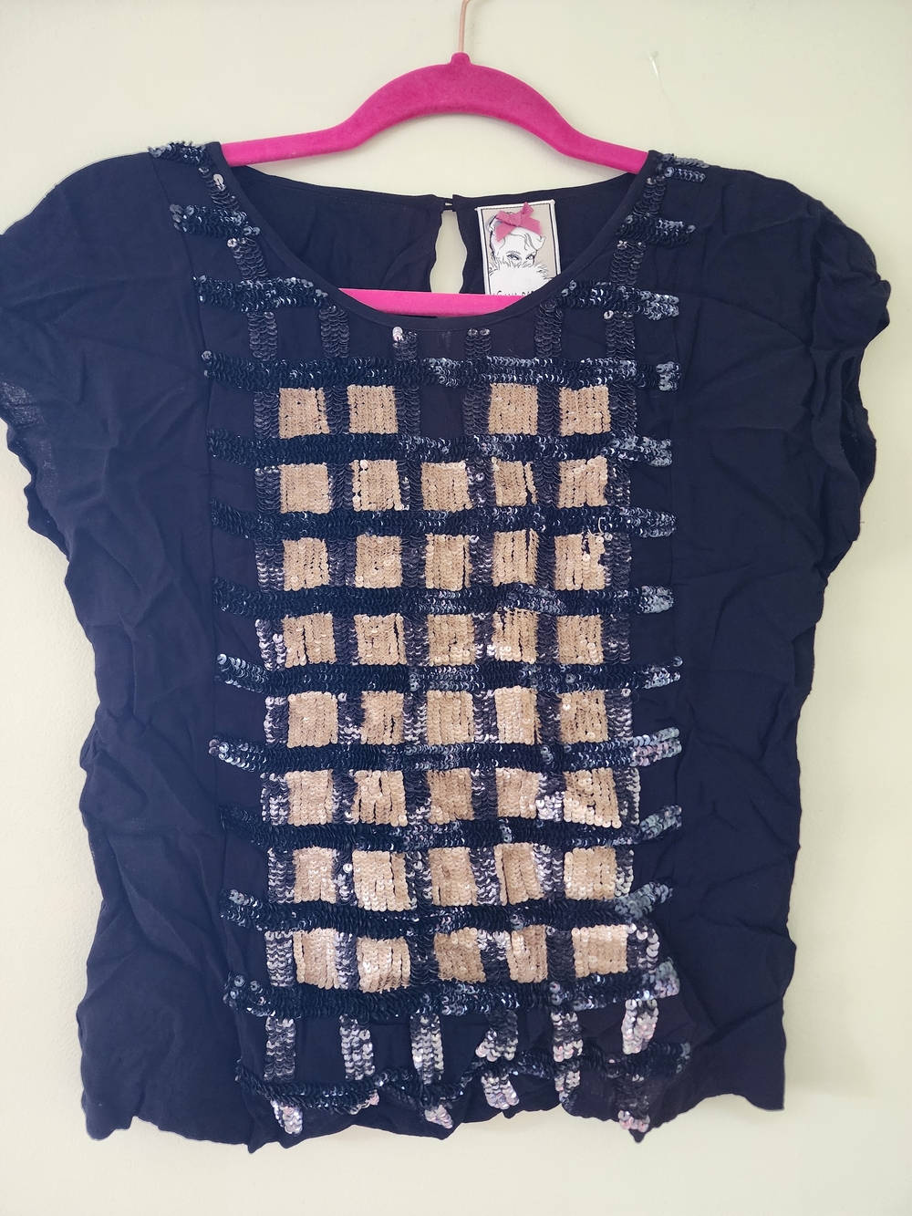 Yoana Baraschi Black Short-Sleeve Top with Gold Sequin Grid